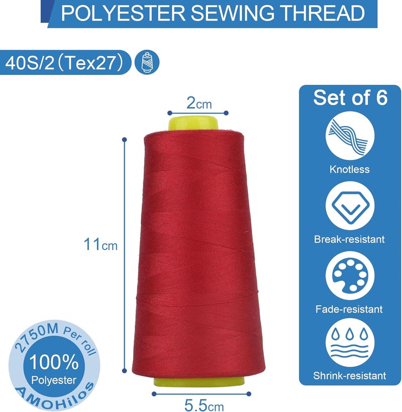 AMOHilos Polyester Sewing Thread All Purpose Knotless 40S/2 (Tex27) 6 Cones of 2750 Yards Each Spool Thread Total 16500 Yards for Serger Sewing Machine Quilting Piecing Hand Stitching (Bay Berry) - Image 3